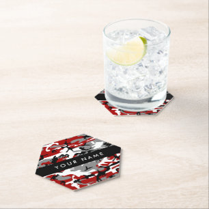 Red and Grey Camouflage Your name Personalise Paper Coaster
