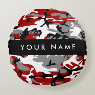 Red and Grey Camouflage Your name Personalise Round Cushion