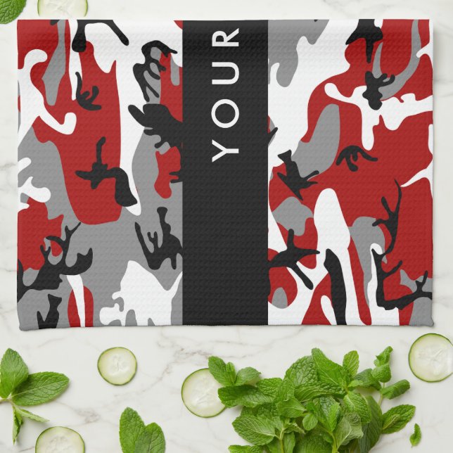 Red and Grey Camouflage Your name Personalise Tea Towel (Folded)