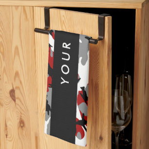 Red and Grey Camouflage Your name Personalise Tea Towel