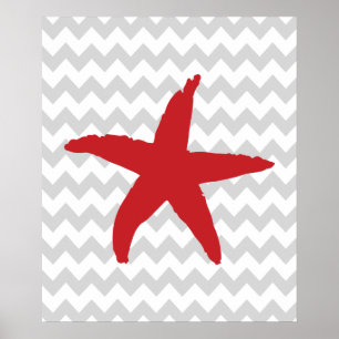 Red and Grey Chevron Nautical Sea Star Poster