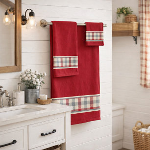 Red and grey farm style plaid bath towel set