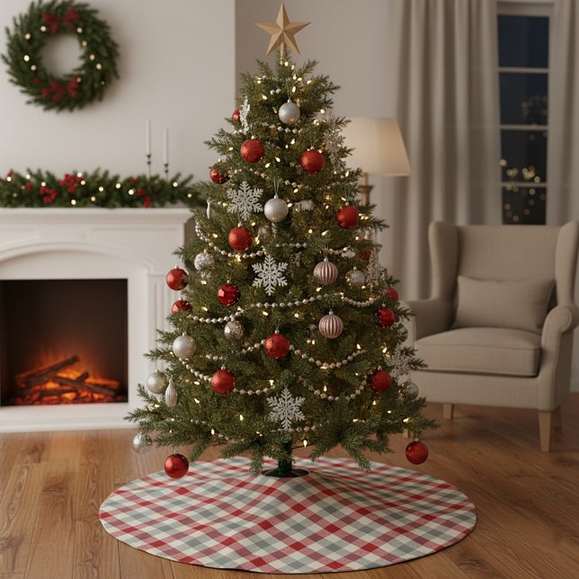 Red and grey farm style plaid brushed polyester tree skirt (Creator Uploaded)