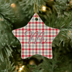 Red and grey farm style plaid monogram ceramic ornament
