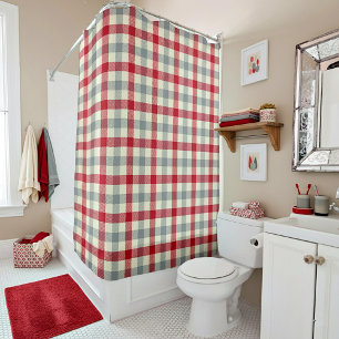 Red and grey farm style plaid shower curtain