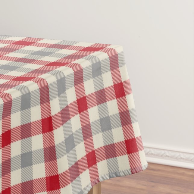 Red and grey farm style plaid tablecloth (In Situ)