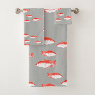 Red and grey fish bath towel set