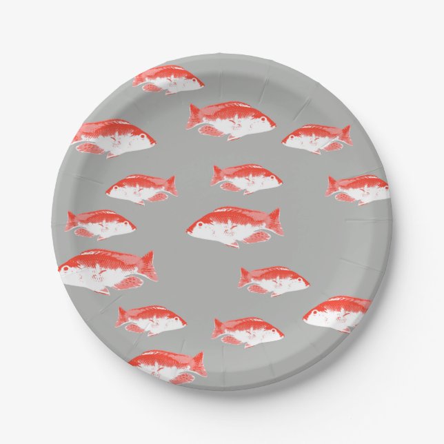 Red and grey fish paper plate (Front)