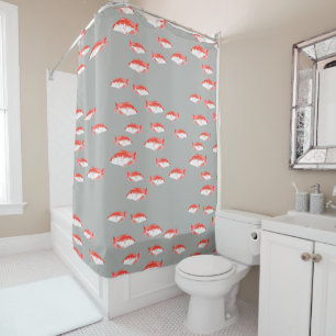 Red and grey fish shower curtain