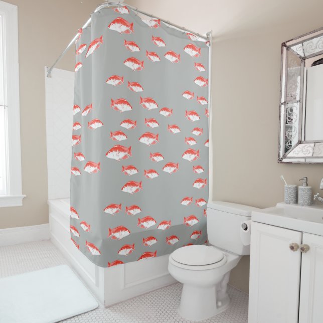 Red and grey fish shower curtain (In Situ)