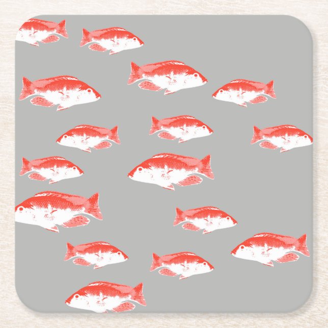 Red and grey fish square paper coaster (Front)