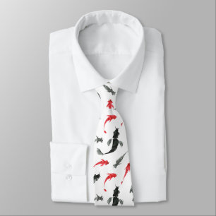 Red and grey fish, Sumi-e Japanese ink painting Tie