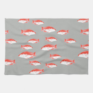 Red and grey fish tea towel