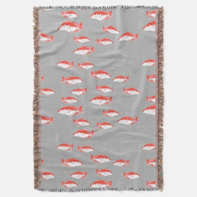 Red and grey fish throw blanket (Front Vertical)