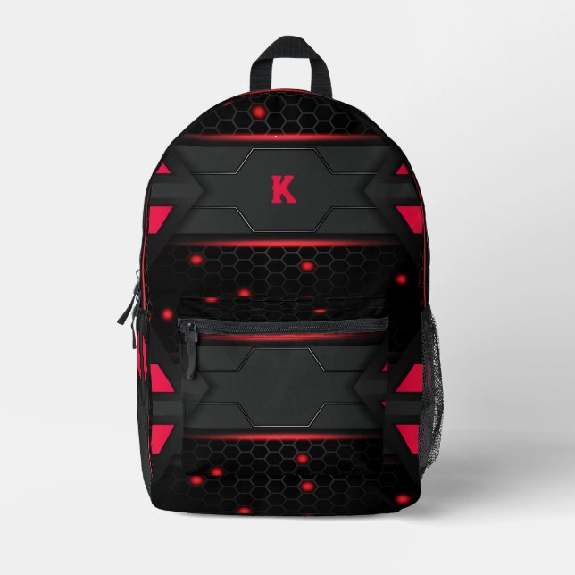 Red and grey gaming geometric background printed backpack (Front)