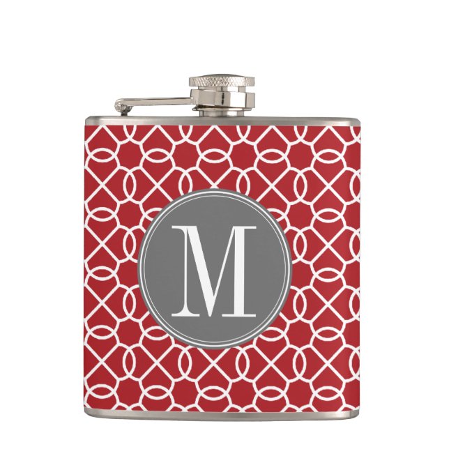 Red and Grey Geometric Pattern Monogram Hip Flask (Front)