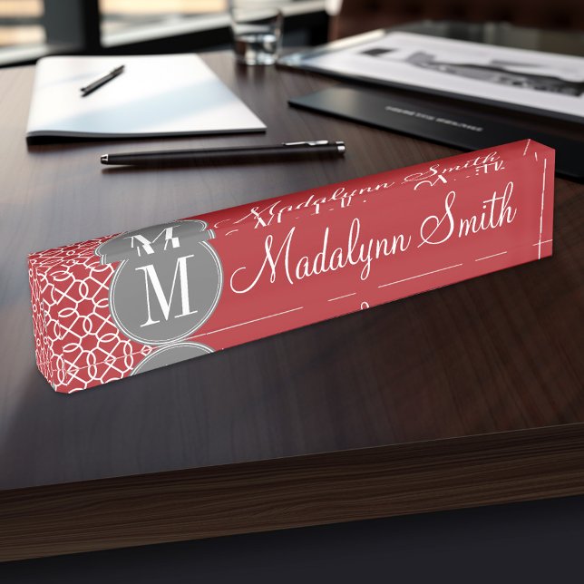Red and Grey Geometric Pattern Monogram Nameplate (Personalized Name Plate for the Office, School or Home)