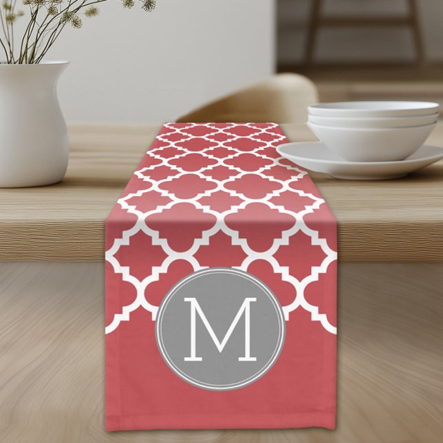 Red and Grey Geometric Pattern Monogram Short Table Runner (Custom Table Runner)