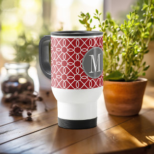 Red and Grey Geometric Pattern Monogram Travel Mug
