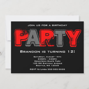 Red and Grey Grunge Birthday Party Invitation