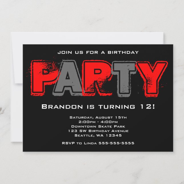 Red and Grey Grunge Birthday Party Invitation (Front)