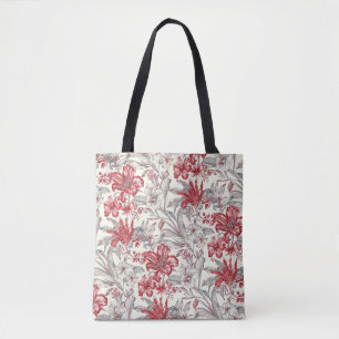 Red and Grey Hibiscus Tropical Floral Toile Tote Bag