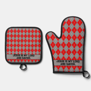 Red And Grey Jesus Is My Saviour  Oven Mitt & Pot  Holder Set