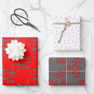 Red and Grey Keys, Floral and Polka Dots Assorted Wrapping Paper Sheet