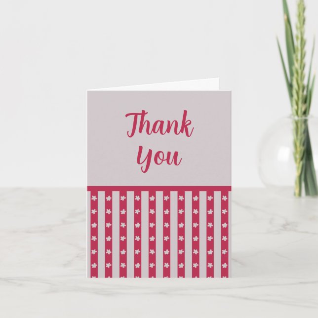 Red and Grey-Lilac Doodled Floral Stripe Thank You Card (Front)