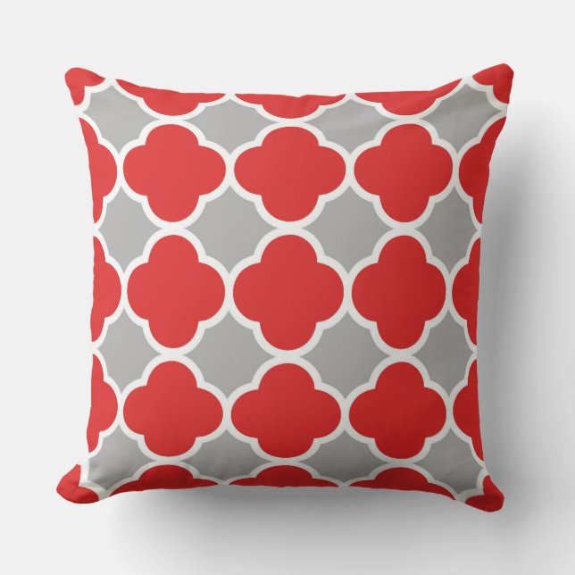 Red and Grey Quatrefoil Pattern Cushion (Front)