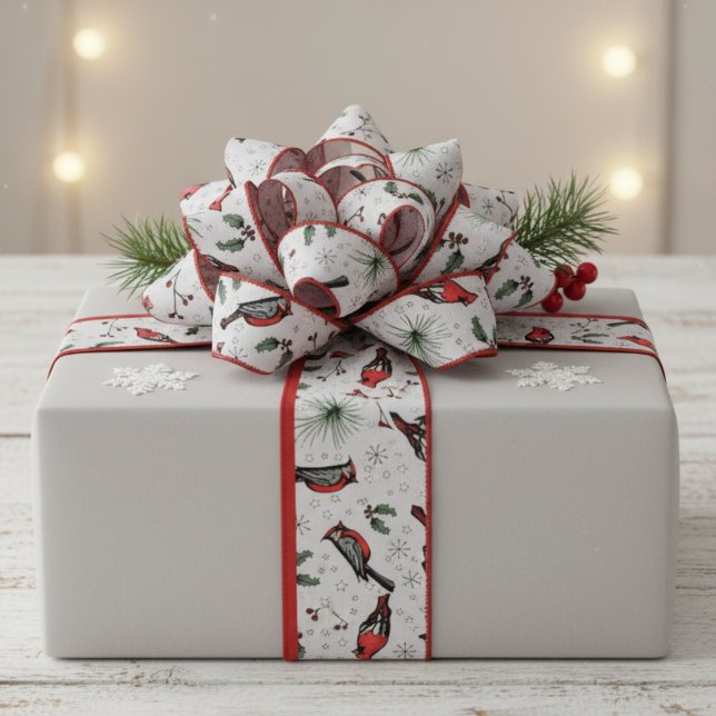 Red and Grey Red Cardinal Birds and Holly Pattern Grosgrain Ribbon (Modern Red Cardinal Bird Xmas Ribbon. Rustic Cardinal Bird, Holly Berries, Snowflakes Nature Pattern)