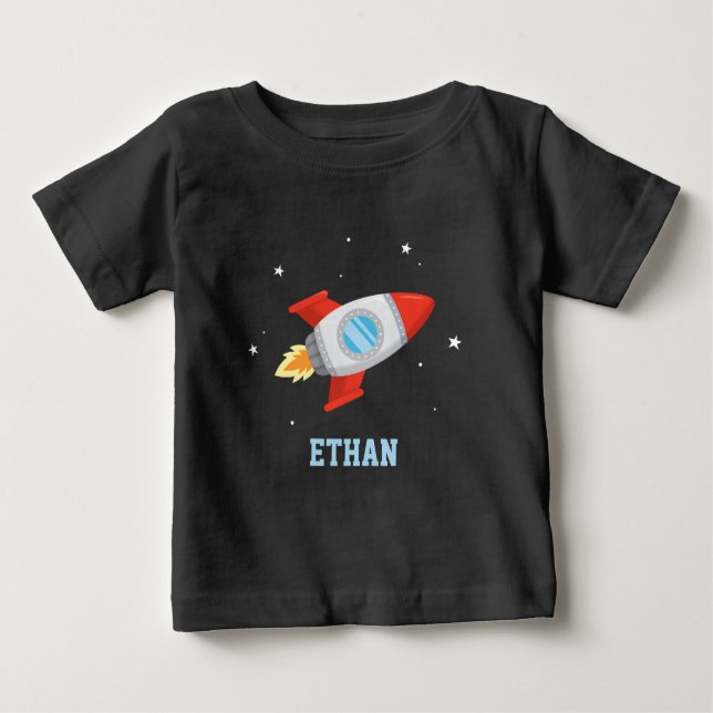 Red and Grey Rocket In Outer Space Baby T-Shirt (Front)