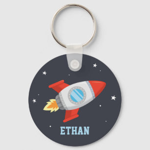 Red and Grey Rocket In Space, Kids Name Key Ring