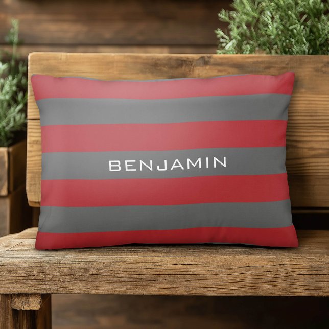 Red and Grey Rugby Stripes with Custom Name Decorative Cushion (Custom Pillow)