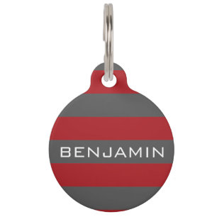 Red and Grey Rugby Stripes with Custom Name Pet Tag