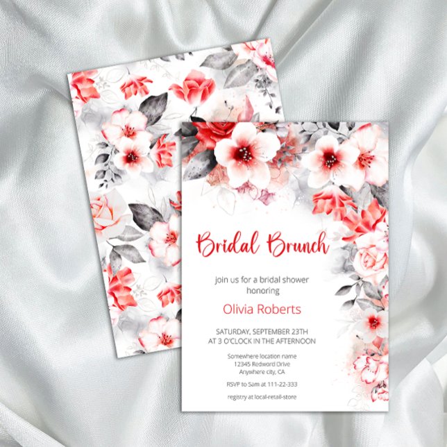 Red and Grey Watercolor Flowers Bridal Brunch  Invitation (Creator Uploaded)