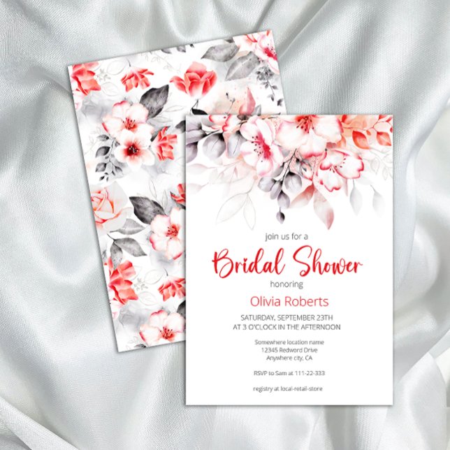 Red and Grey Watercolor Flowers Bridal Shower Invitation (Creator Uploaded)