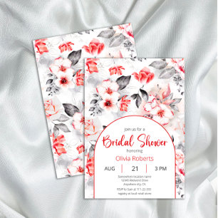 Red and Grey Watercolor Flowers Bridal Shower Invitation