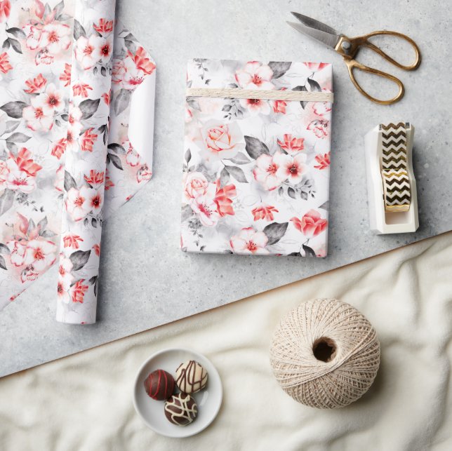 Red and Grey Watercolor Flowers Wrapping Paper (Crafts)