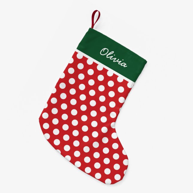 Red and Hunter Green Holiday Dots Monogram Small Christmas Stocking (Front (Hanging))