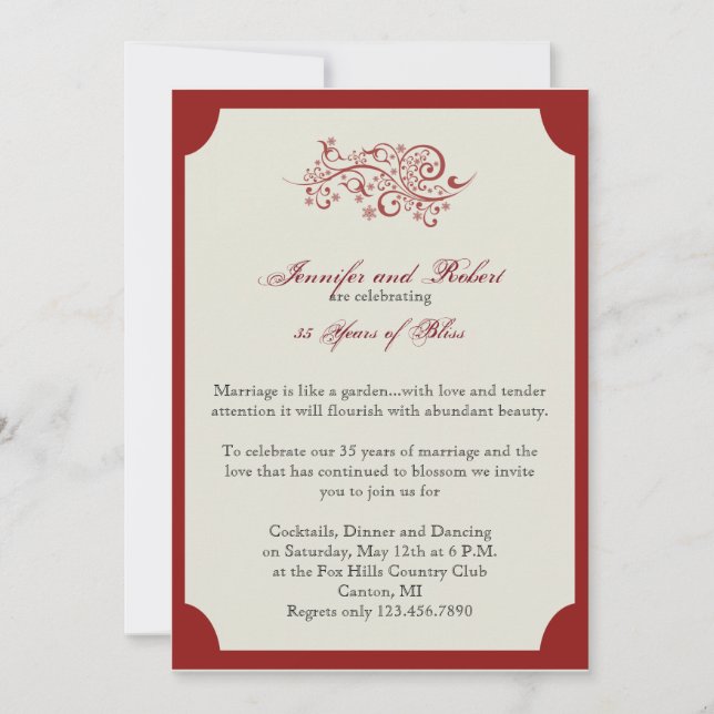 Red and Ivory Filigree Scroll Anniversary Invitation (Front)
