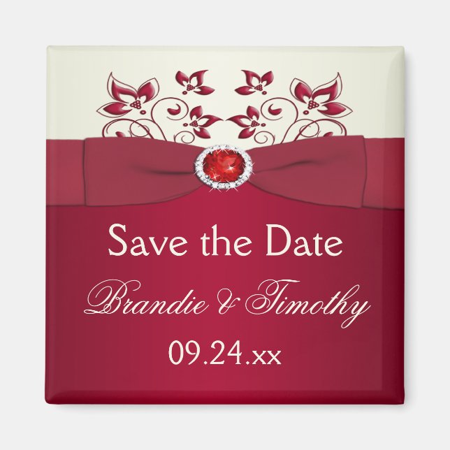 Red and Ivory Floral Save the Date Magnet (Front)