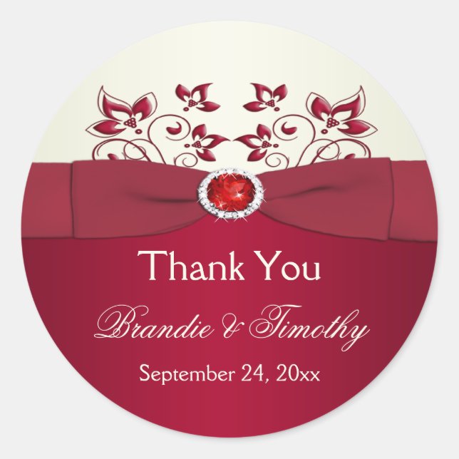 Red and Ivory Floral Thank You Wedding Sticker (Front)