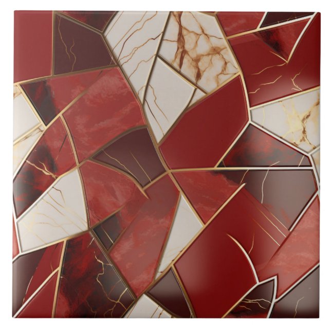 Red and Ivory Marble Effect Patchwork Ceramic Tile (Front)