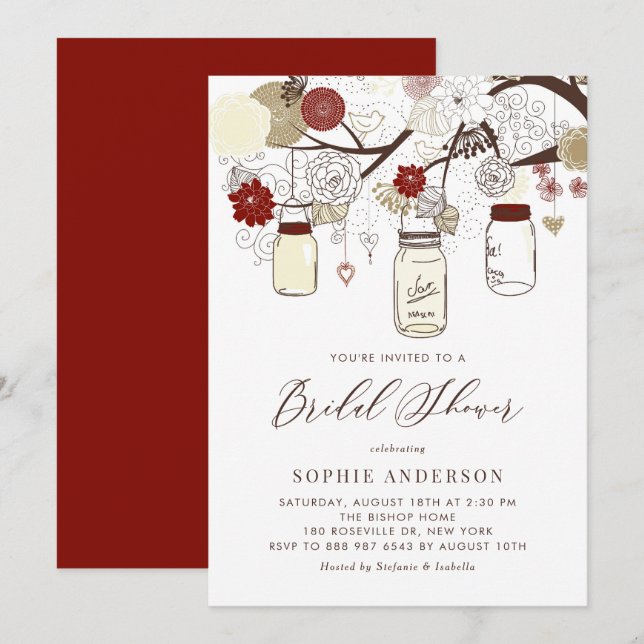 Red and Ivory Mason Jars Bridal Shower Invitation (Front/Back)