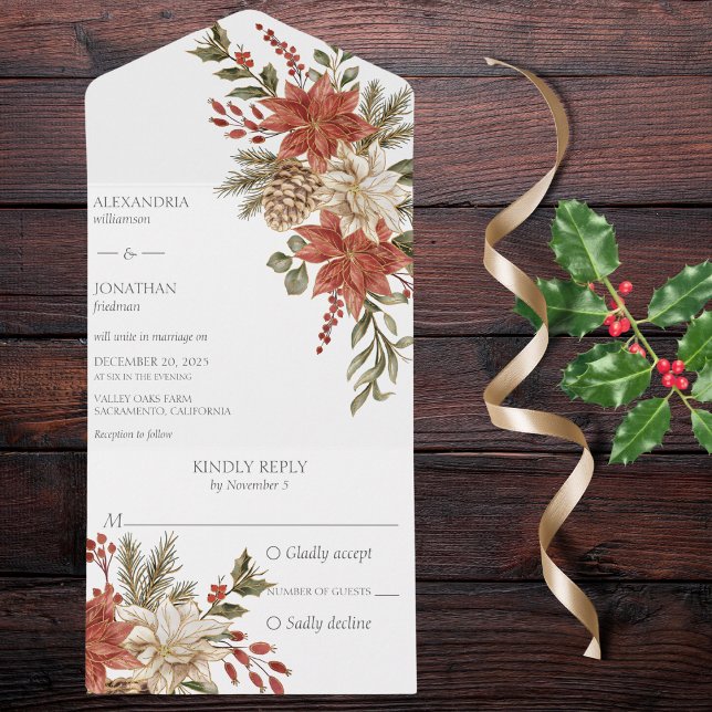 Red and Ivory Poinsettias with Pine All In One Invitation (Creator Uploaded)