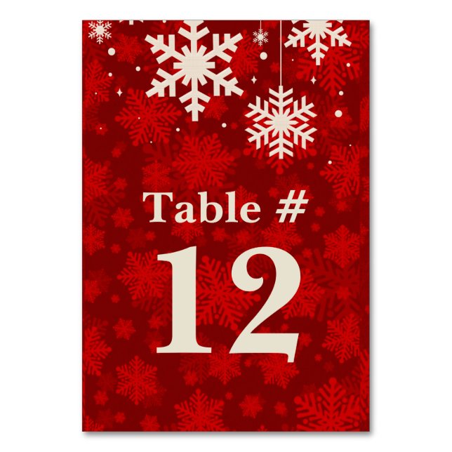 Red and Ivory Snowflakes Wedding Table Number (Front)