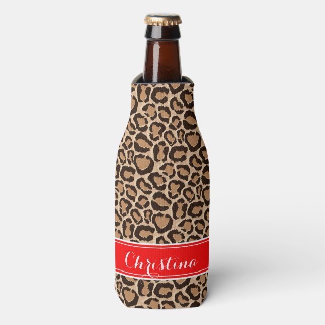 Red and Leopard Print Custom Monogram Bottle Cooler (Bottle Front)