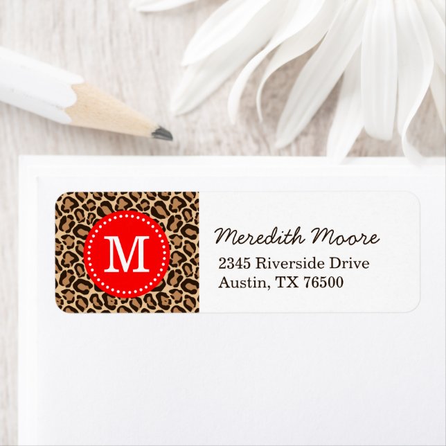 Red and Leopard Print Custom Monogram Return Address Label (Insitu)