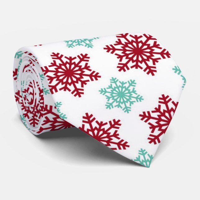 Red and Mint Green Snowflakes Christmas Tie (Rolled)